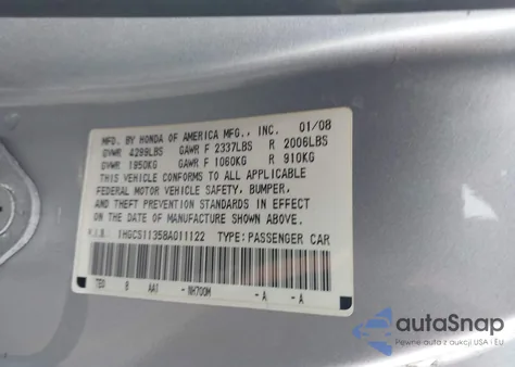 2008 Honda Accord 2.4 Lx-S from USA, damaged, VIN 1HGCS11358A011122